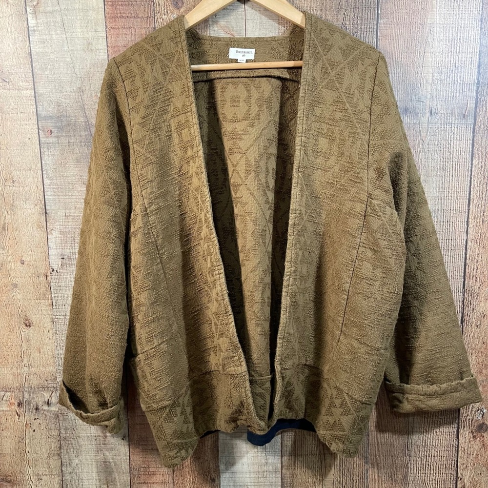 World Market Cotton Aztec Jacquard Open Front Jacket Olive Green S/M Boho Desert